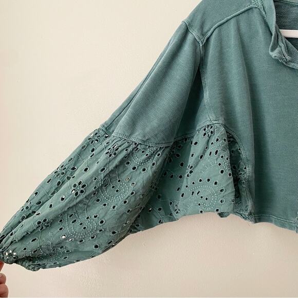 Pilcro | Batwing Eyelet Sleeve Crop Top Boho Festival Olive Green XSP Petite - Picture 5 of 7